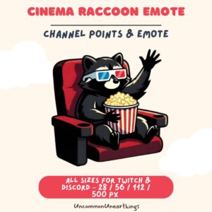 Cinema raccoon emote wearing 3D glasses holding popcorn in movie theater chair, available in multiple sizes for Twitch and...