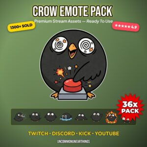 Crow emote pack 36x premium stream assets for Twitch Discord Kick YouTube with hypnotic eyes and red button design