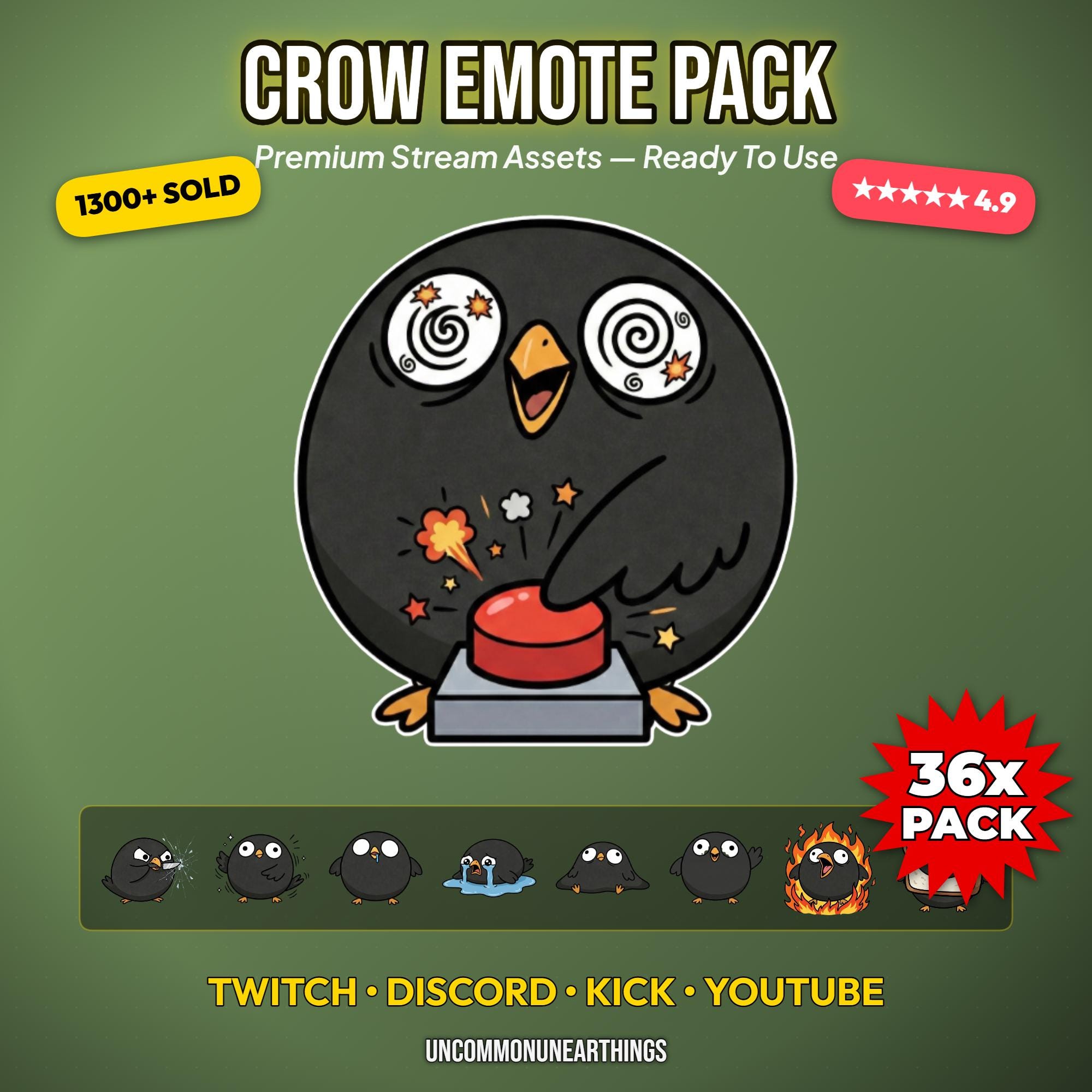 Crow emote pack 36x premium stream assets for Twitch Discord Kick YouTube with hypnotic eyes and red button design