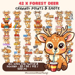42 Forest Deer Twitch Discord Emotes - Channel Points Badges - Cute Animated Deer Emojis All Sizes