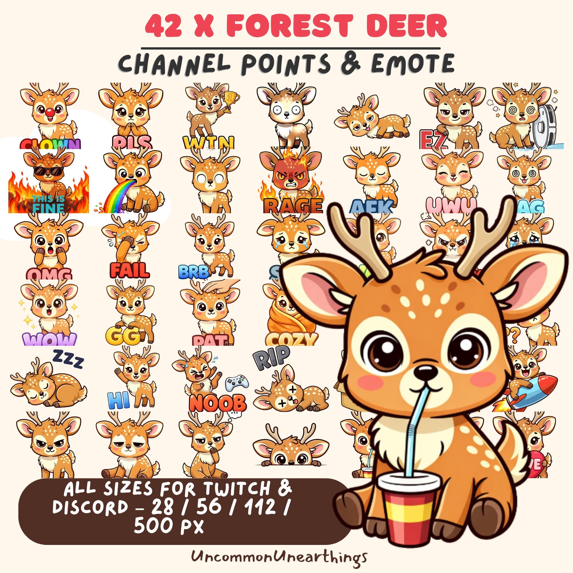 42 Forest Deer Twitch Discord Emotes - Channel Points Badges - Cute Animated Deer Emojis All Sizes