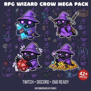 RPG Wizard Crow Emote Mega Pack with 42+ custom emotes for Twitch, Discord, and D&D streaming
