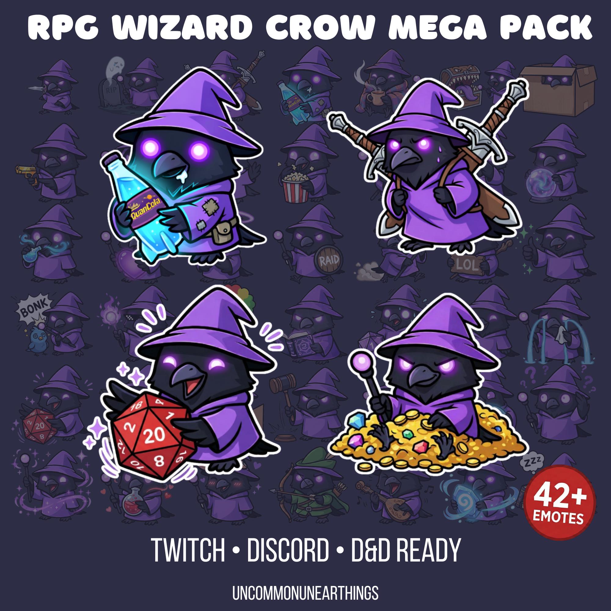 RPG Wizard Crow Emote Mega Pack with 42+ custom emotes for Twitch, Discord, and D&D streaming