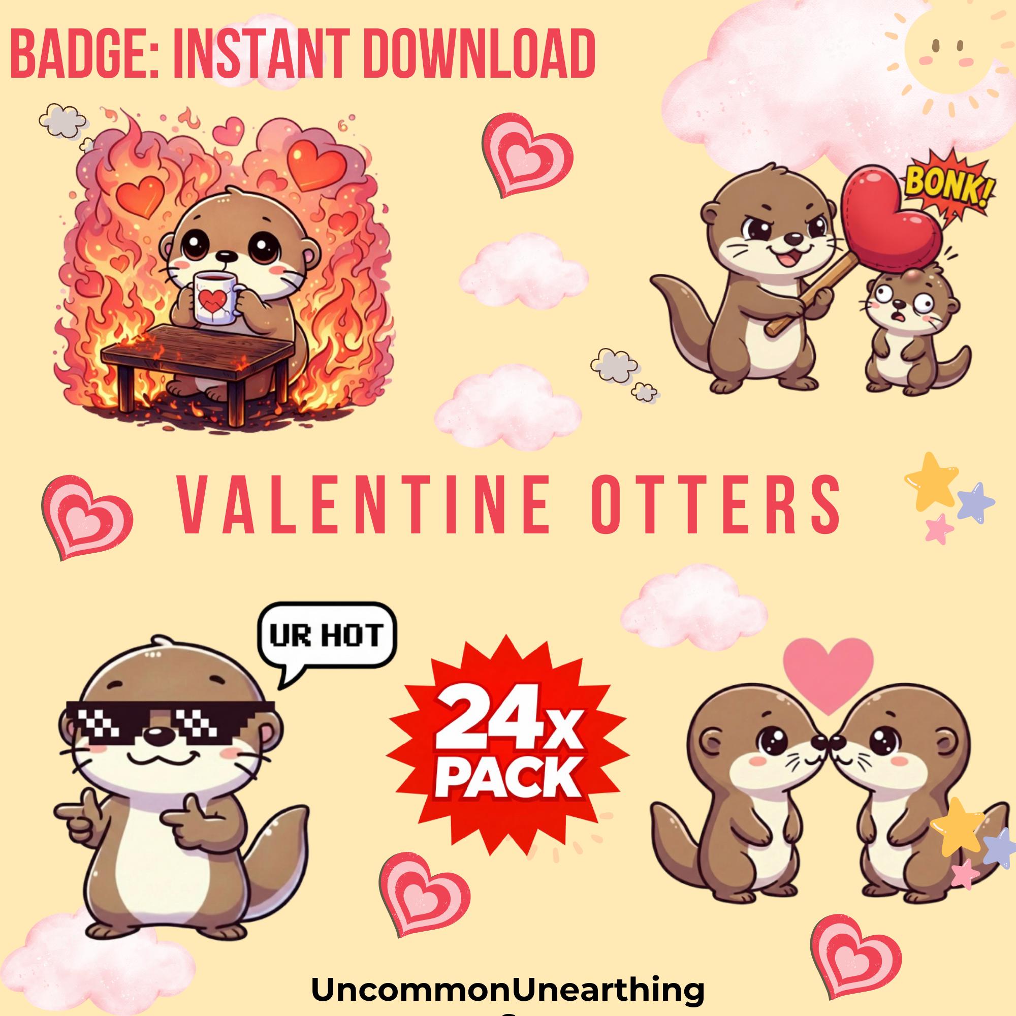 Valentine Otters Badge Pack 24x - Cute Kawaii Otter Emotes for Twitch Discord Instant Download