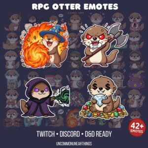 RPG Otter Emotes for Twitch and Discord - 42+ cute anime-style otter character emotes with magical, warrior, wizard, and r...