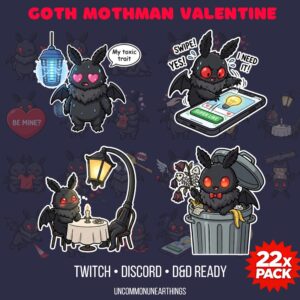 Goth Mothman Valentine 22-pack emotes featuring cute dark creatures with hearts, toxic traits, dating apps, and romantic s...
