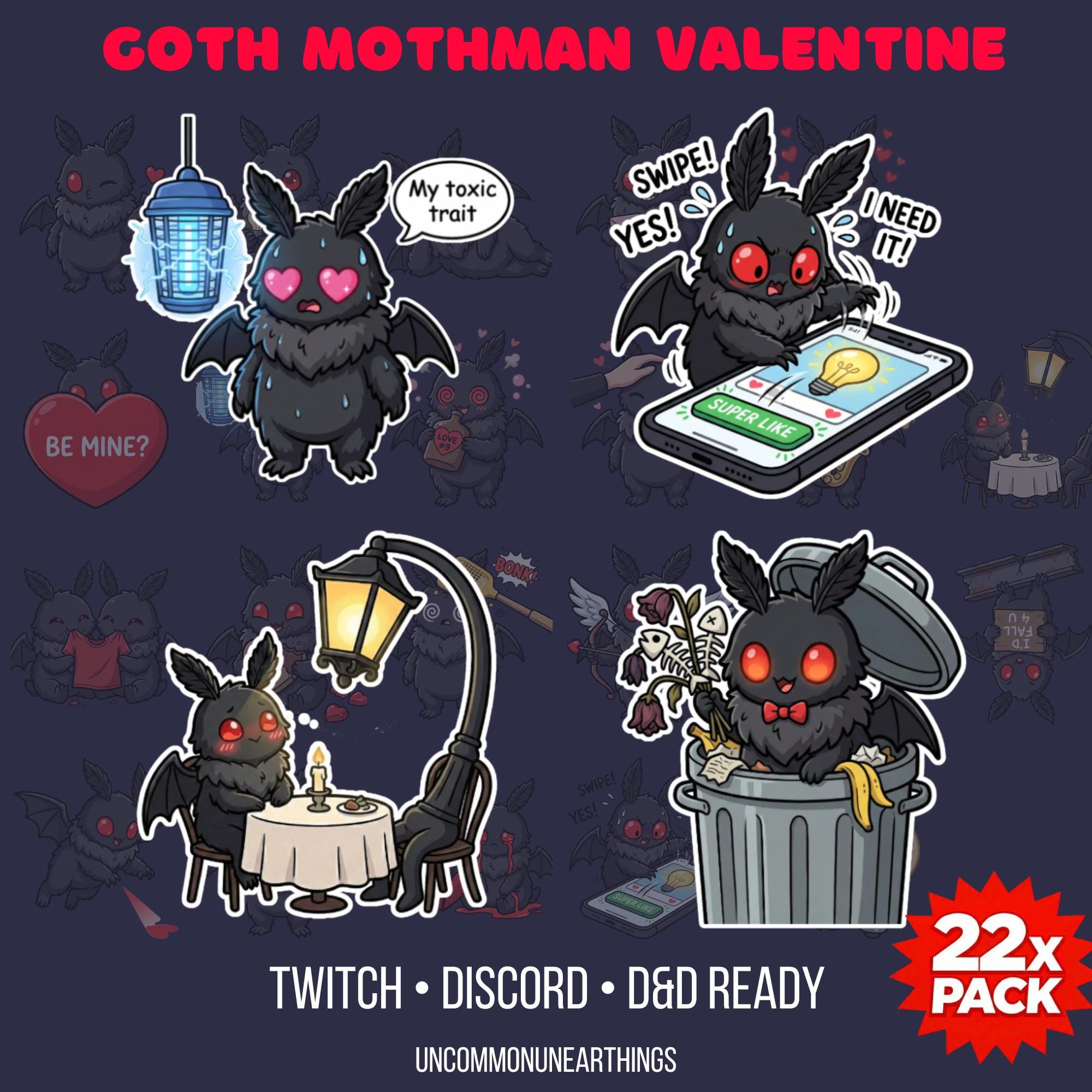 Goth Mothman Valentine 22-pack emotes featuring cute dark creatures with hearts, toxic traits, dating apps, and romantic s...