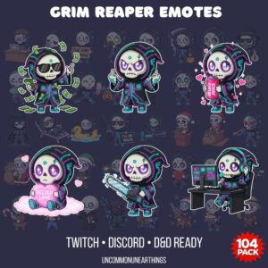 Grim Reaper Emotes 104 pack for Twitch Discord D&D with skeleton character in various poses and expressions