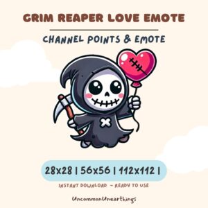 Cute grim reaper holding heart balloon love emote for Twitch Discord channels, available in 28x28 56x56 112x112 pixels