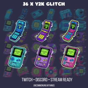 36 Y2K Glitch retro gaming emotes with neon flip phones and Game Boy devices, Twitch Discord stream ready