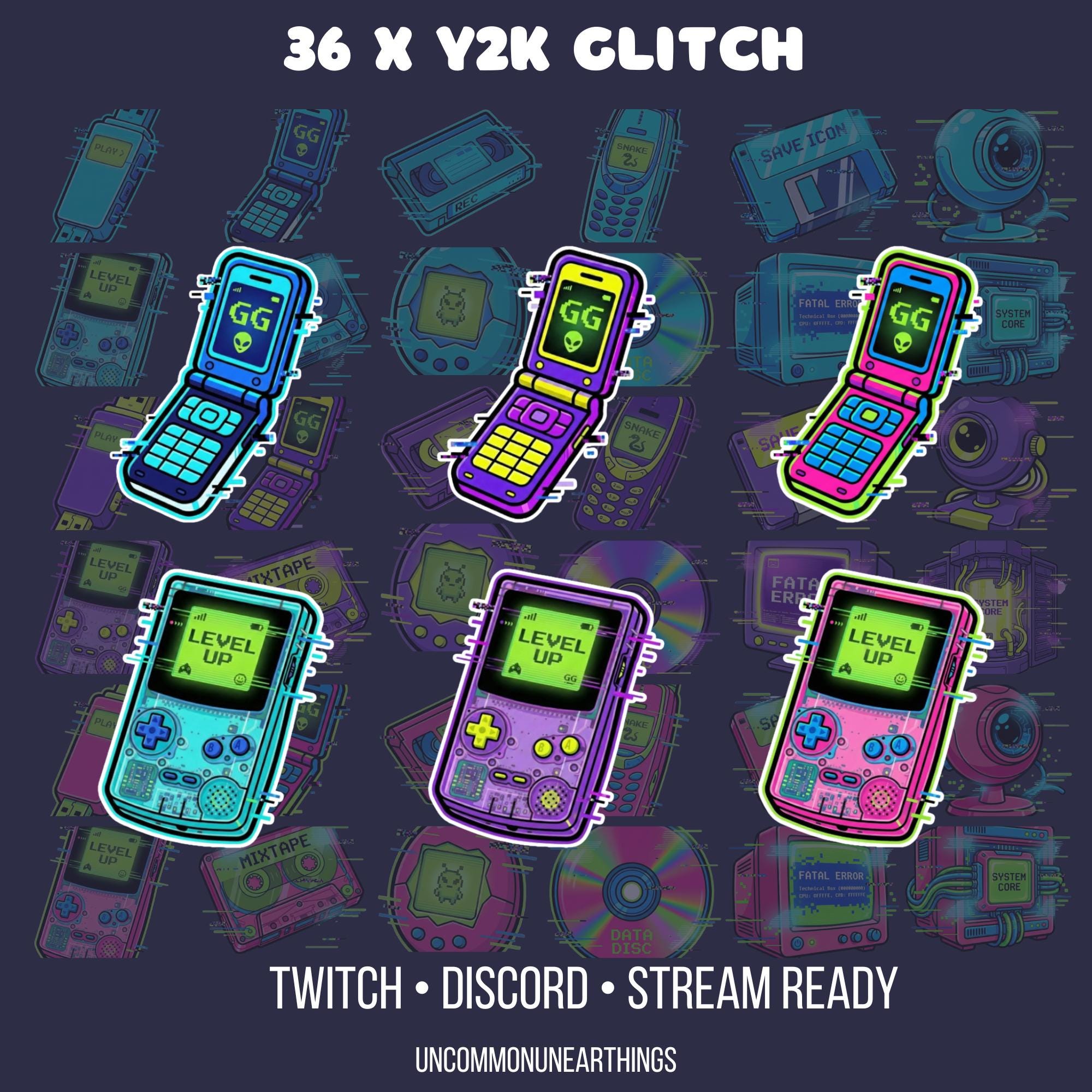 36 Y2K Glitch neon retro gaming emotes for Twitch Discord streaming with flip phones and handhelds
