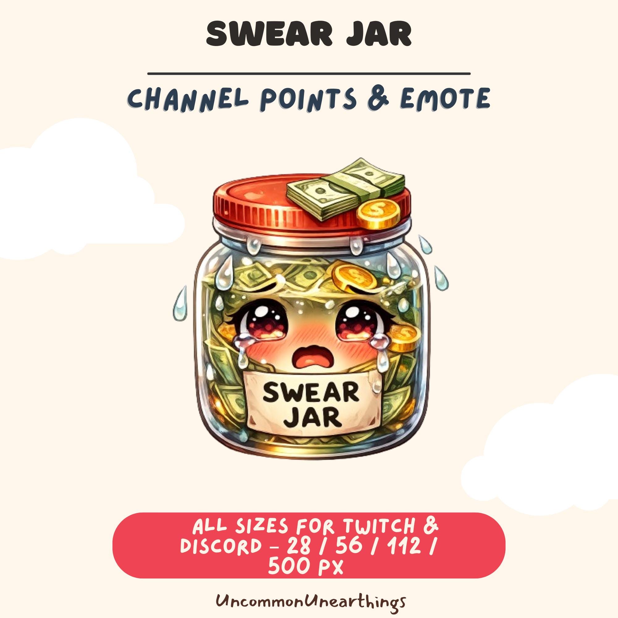 Cute crying swear jar emote for Twitch and Discord streaming platforms with money and coins inside