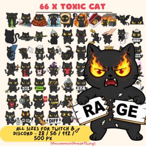 66 toxic black cat emotes for Twitch and Discord in multiple sizes - angry cat character pack
