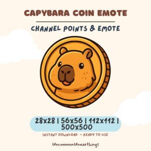 Capybara coin emote for Twitch and Discord channels in multiple sizes, cute cartoon design ready to download
