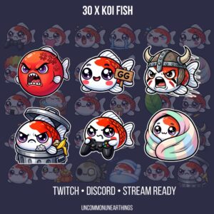 30 koi fish emotes for Twitch Discord streaming, featuring angry red fish, cute white fish, viking warrior fish, trash can...