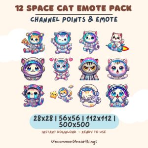 12 space cat emotes pack for Twitch Discord - cute astronaut kitten channel points emojis instant download