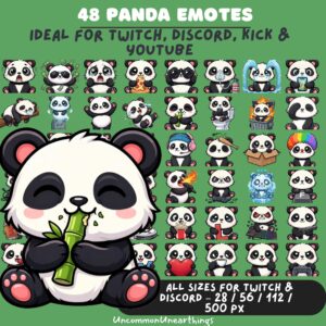 48 cute panda emotes pack for Twitch, Discord, Kick and YouTube in multiple sizes - cartoon character emoticons