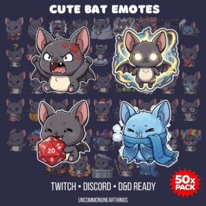 Cute bat emotes pack for Twitch Discord D&D, 50x adorable cartoon bat characters in various poses and expressions