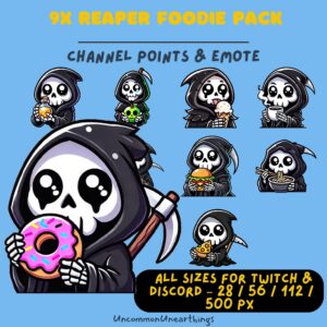 Grim Reaper Foodie Twitch Discord Emotes Pack - 9 Skeleton Character Designs with Food, Channel Points