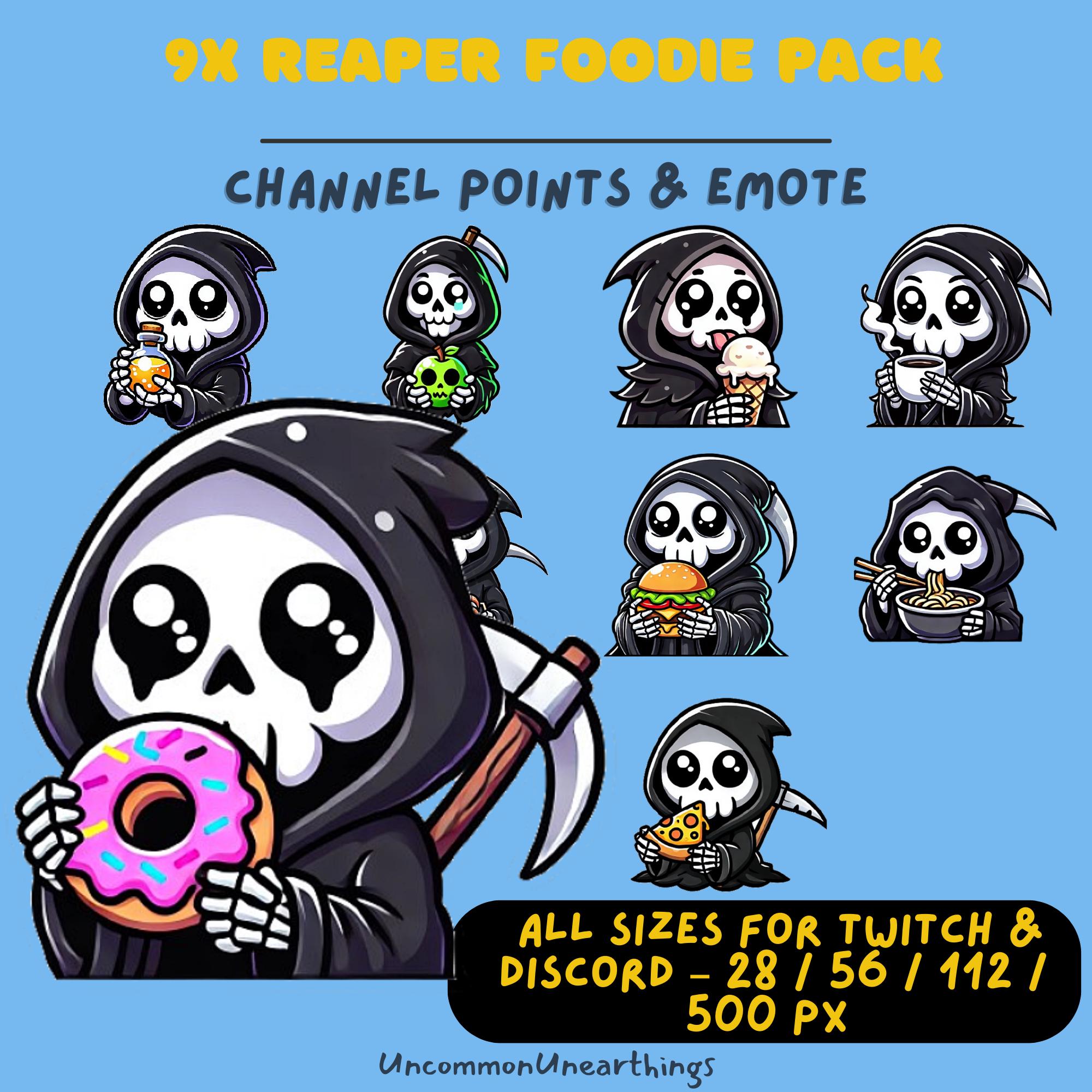 9x Grim Reaper Foodie Twitch Discord Emotes - Skeleton Character Eating Food Emojis Pack