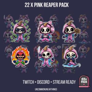 Pink Reaper cute skull character emotes pack for Twitch, Discord, streaming. 22 designs with horns, gaming accessories, mo...