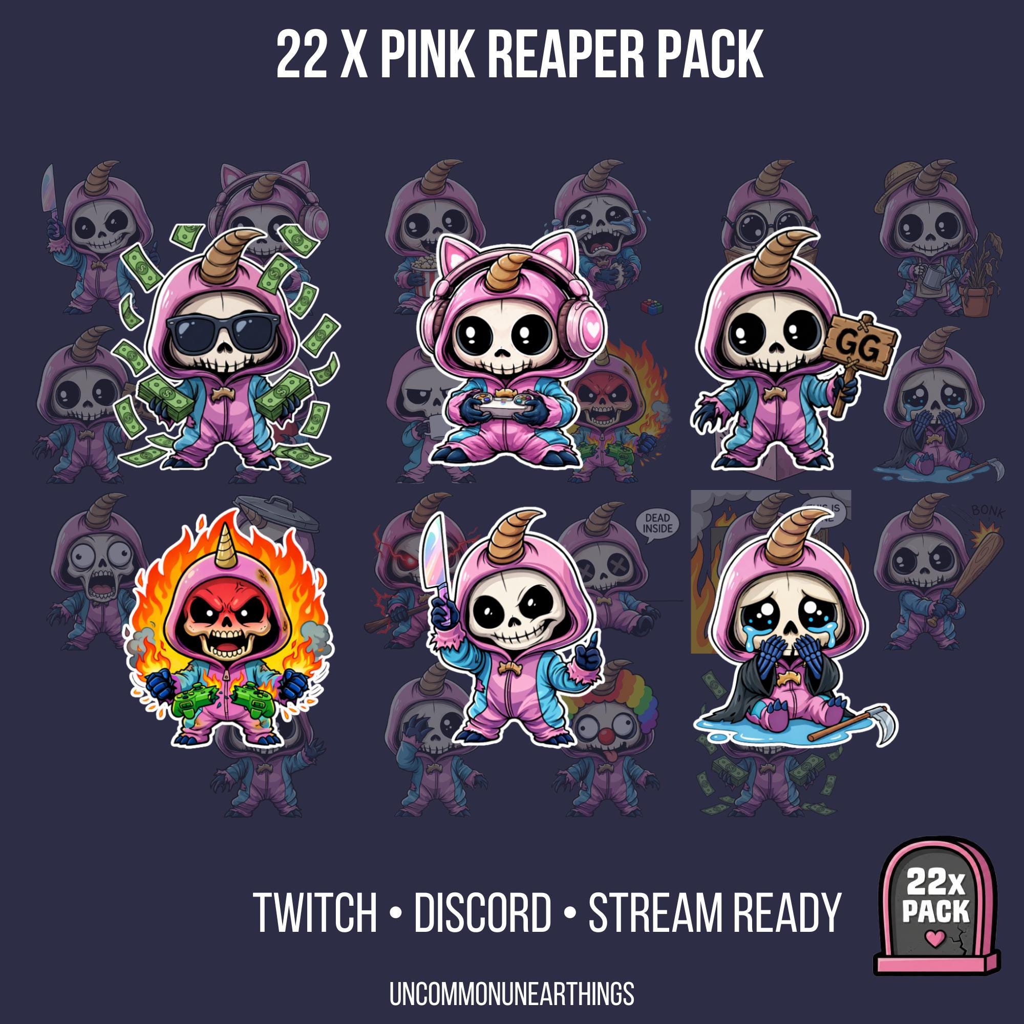 Pink Reaper cute skull character emotes pack for Twitch, Discord, streaming. 22 designs with horns, gaming accessories, mo...