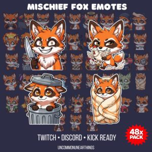 Mischief Fox 48x Emotes Pack for Twitch Discord - Cute Orange Fox Character Expressions