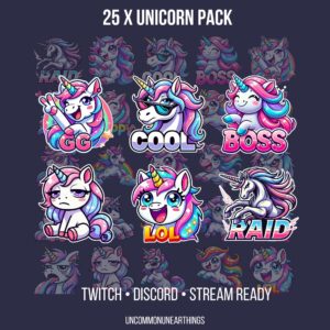 25 colorful unicorn emotes pack for Twitch, Discord and streaming with GG, Cool, Boss, LOL and Raid designs