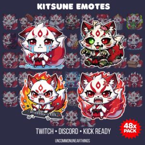 Kitsune emotes pack with 48 cute cat character designs for Twitch, Discord and Kick streaming platforms
