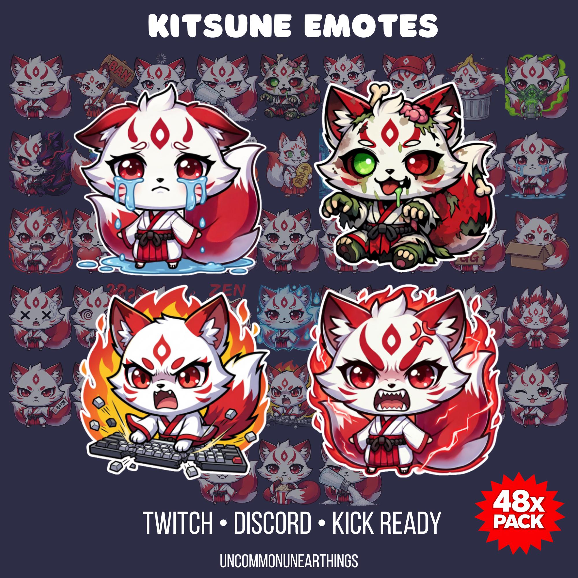 Kitsune emotes pack 48x - Twitch Discord Kick emojis with crying, mischievous, angry fire, and demon expressions