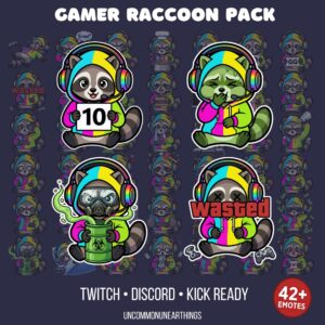 Gamer Raccoon Pack - 42+ colorful gaming emotes for Twitch, Discord, and Kick with headphones and neon designs