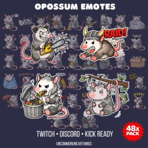 Opossum emotes pack with 48 cute and funny possum characters for Twitch, Discord, and Kick streaming platforms