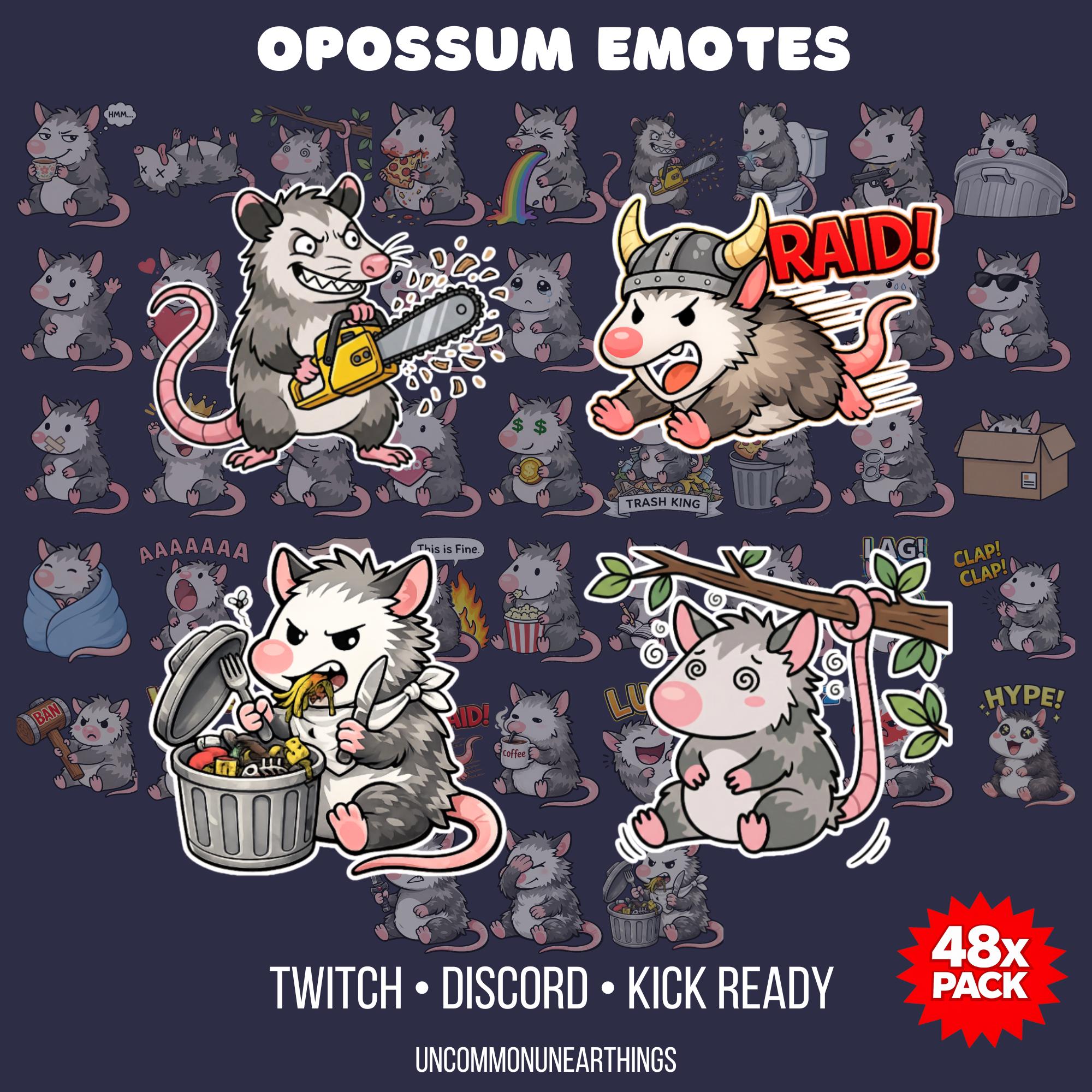 Opossum emotes pack with 48 cute cartoon characters for Twitch, Discord, and Kick streaming platforms by UncommonUnearthings.