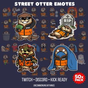 Street Otter Emotes Pack - 50x Twitch Discord Kick Emotes with Speed, Fire, RIP, Zombie, Ghost Themes