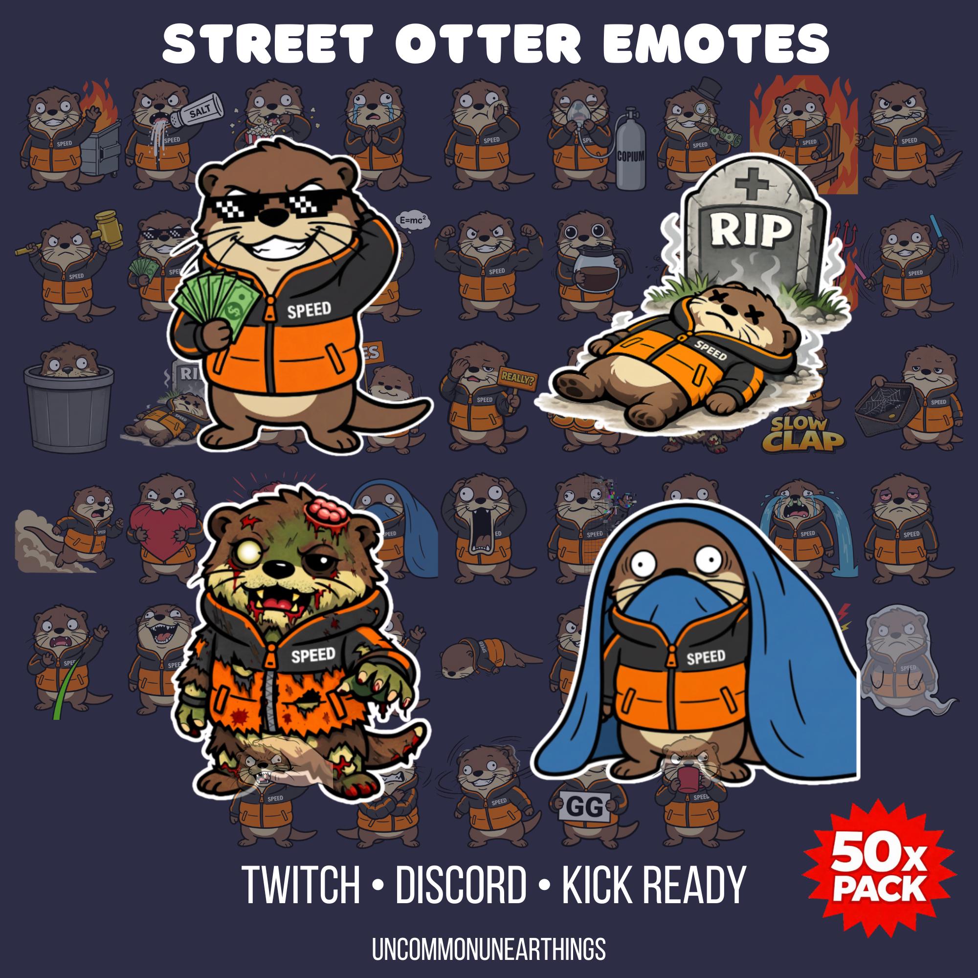 Street Otter Emotes Pack - 50x Twitch Discord Kick Emotes with Speed, Fire, RIP, Zombie, Ghost Themes