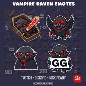 Vampire Raven Twitch Emotes pack - 42 animated emotes featuring gothic vampire ravens with glitch effects for streaming an...