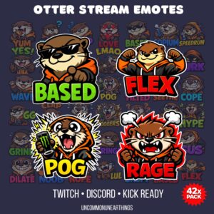 Otter Stream Emotes pack featuring BASED, FLEX, POG, and RAGE characters for Twitch, Discord, and Kick streaming platforms.