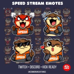 Speed Stream Emotes pack featuring angry, laughing, cool, and love expressions. 42 Twitch, Discord, and Kick emotes ready ...