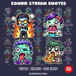 Zombie stream emotes pack for Twitch Discord Kick with 42 cartoon undead characters expressing emotions and reactions