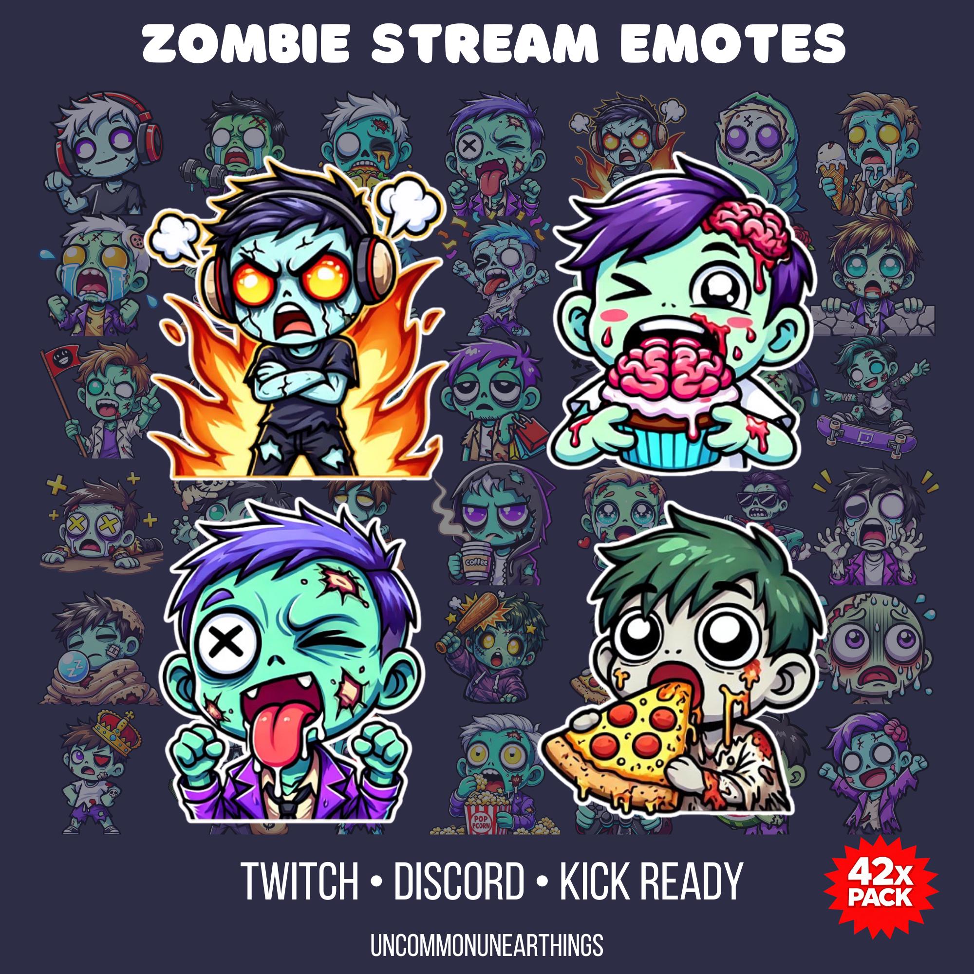 Zombie stream emotes pack for Twitch Discord Kick with 42 cartoon undead characters expressing emotions and reactions