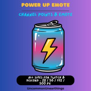 Power Up energy drink emote for Twitch and Discord with lightning bolt symbol, available in multiple sizes