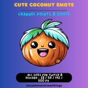 Cute coconut emote with turquoise hair, happy expression. Twitch Discord emote in 28, 56, 112, 500px sizes.