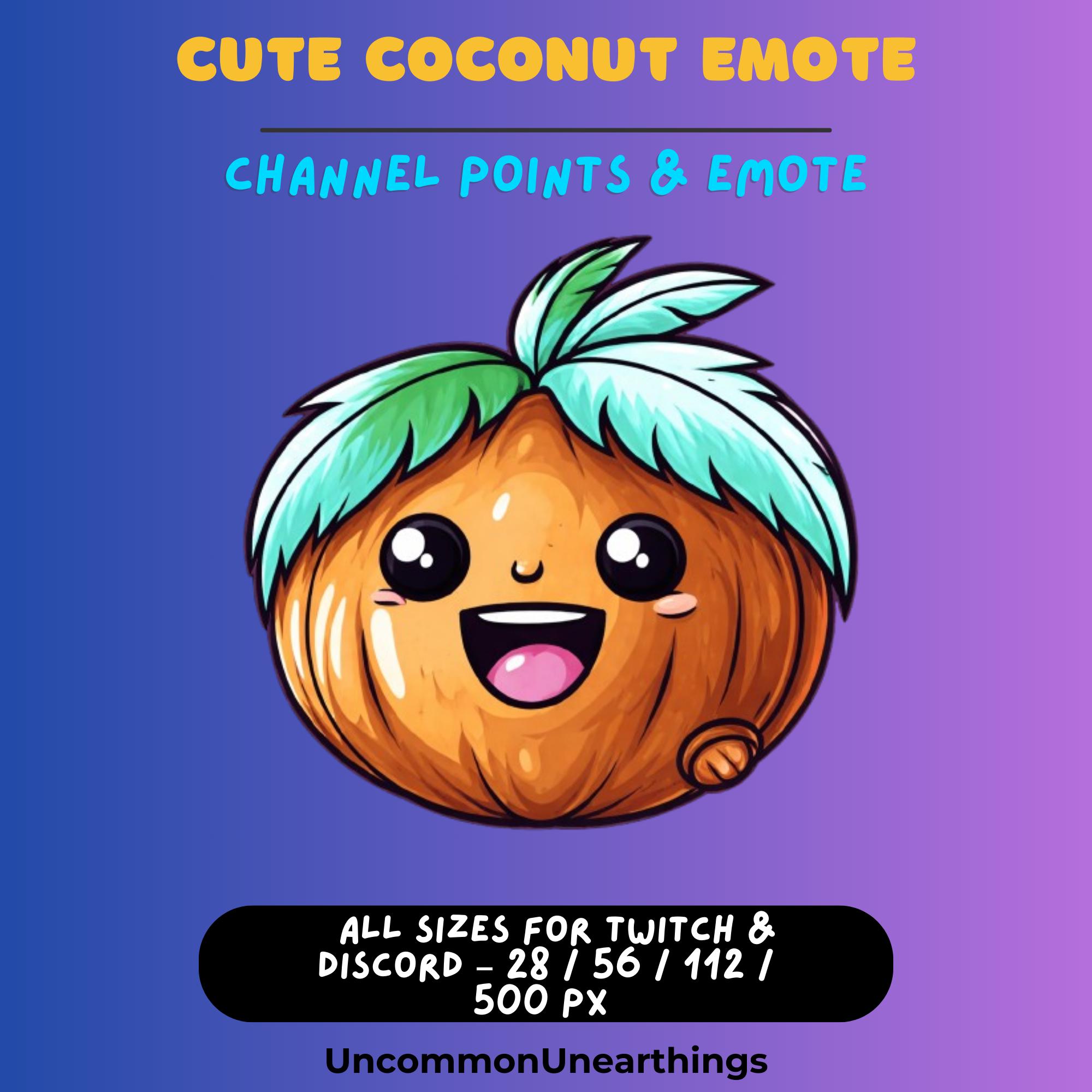 Cute coconut emote with turquoise hair, happy expression. Twitch Discord emote in 28, 56, 112, 500px sizes.
