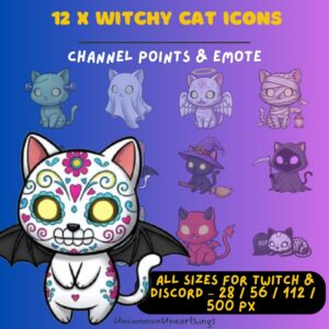 Witchy cat emote icons set for Twitch Discord, 12 spooky Halloween cat designs in multiple sizes