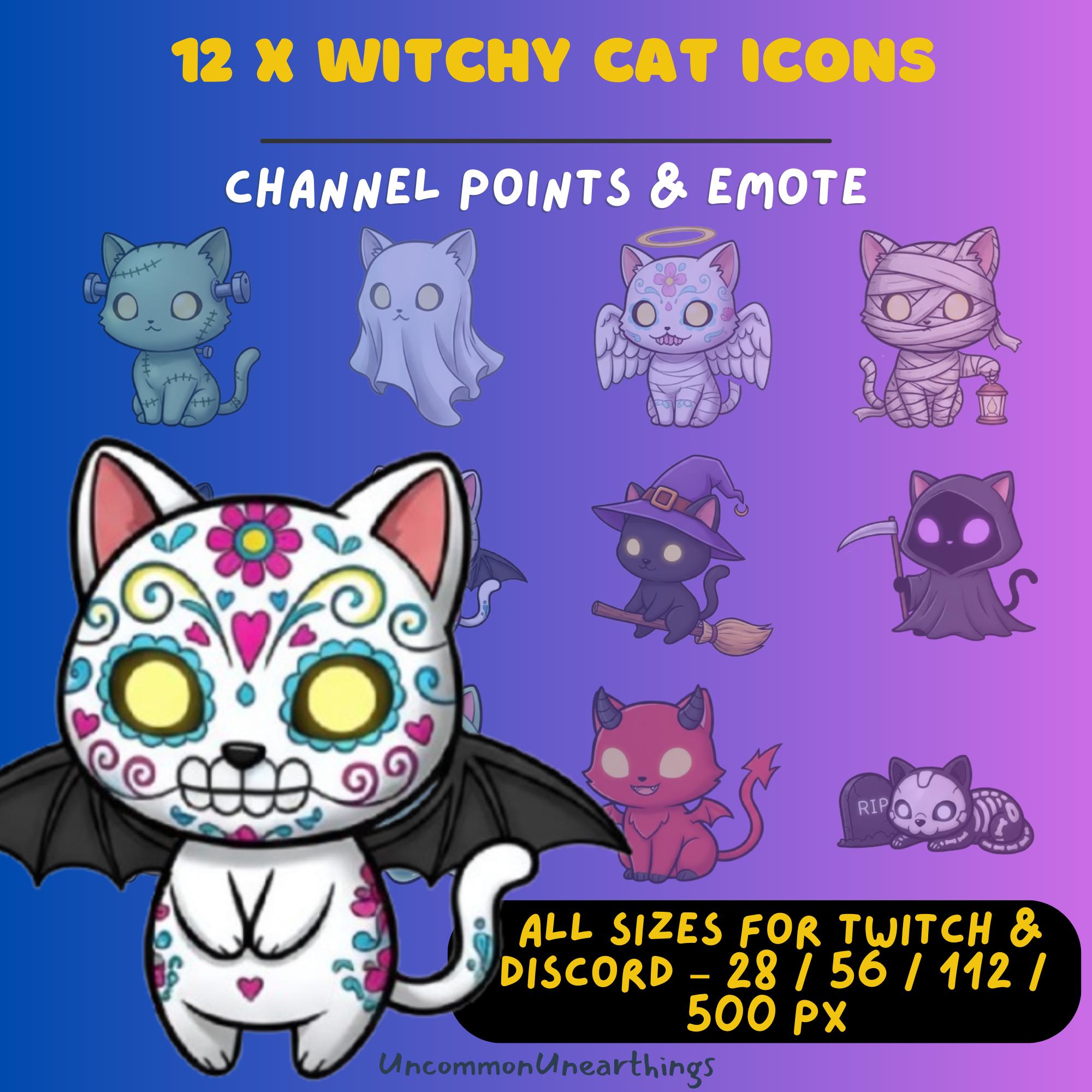 Witchy cat emote icons set for Twitch Discord, 12 spooky Halloween cat designs in multiple sizes