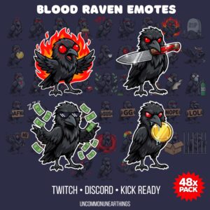 Blood Raven 48x emote pack for Twitch and Discord featuring dark fantasy raven characters with red glowing eyes in various...