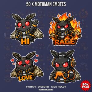 Mothman emotes pack: HI, RAGE, LOVE, GAMING - 50 Twitch Discord emotes with cute bug character expressions