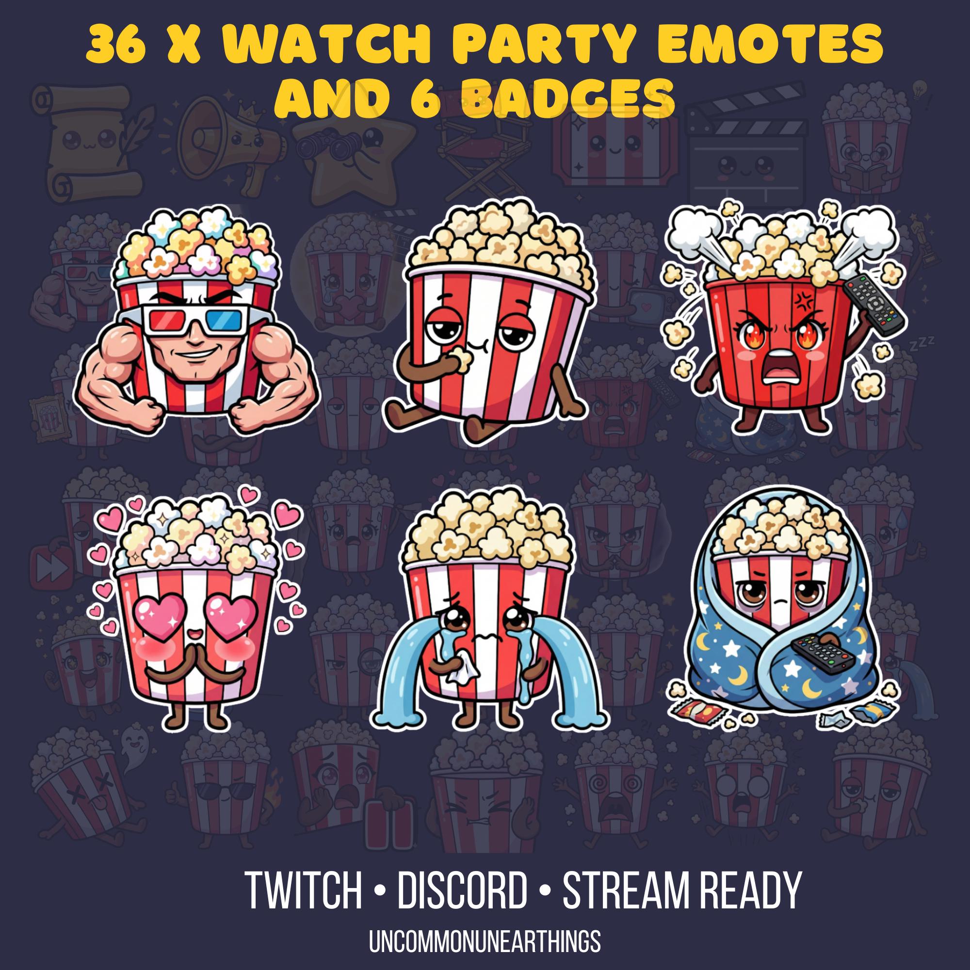 Watch party popcorn emotes and badges for Twitch, Discord, and streaming platforms featuring cute animated characters