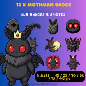 12 Mothman Badge Emotes with Red Eyes, Wings, and Crown - 6 Sizes for Twitch and Discord Streaming