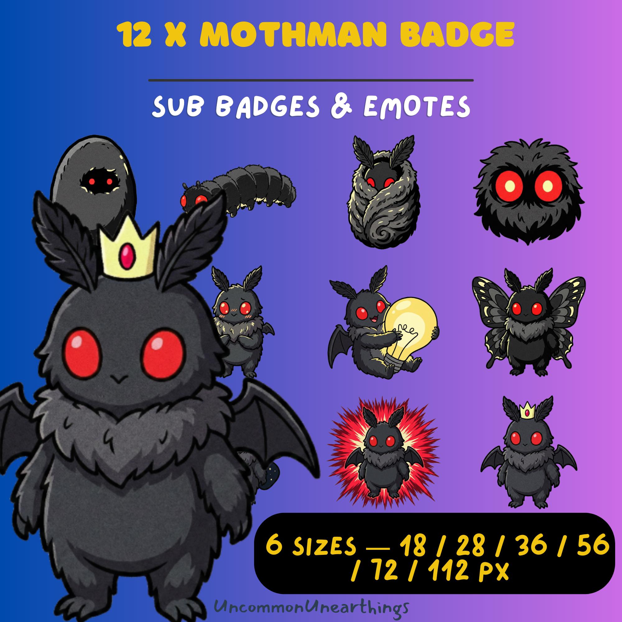 12 Mothman badge emotes with red eyes in 6 sizes for Twitch and Discord streaming communities